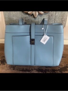 Classic Light Blue Leather Tote with Front Pocket Strap